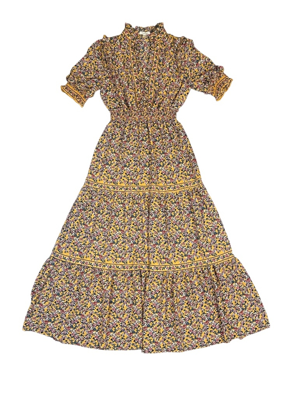 Max Studio Mustard Floral Maxi Dress | Smocked Waist | Ruffle Neck | Puff Sleeve